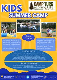 Camp Turk at Round Lake Summer Camp flyer for 2025 summer sessions