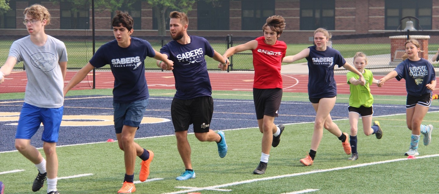 line of students running