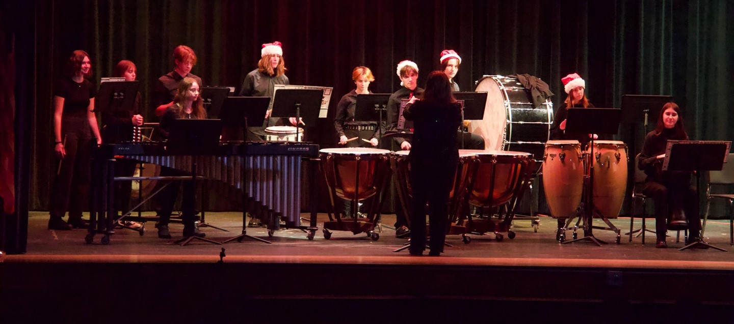 percussion ensemble plays at high school winter concert
