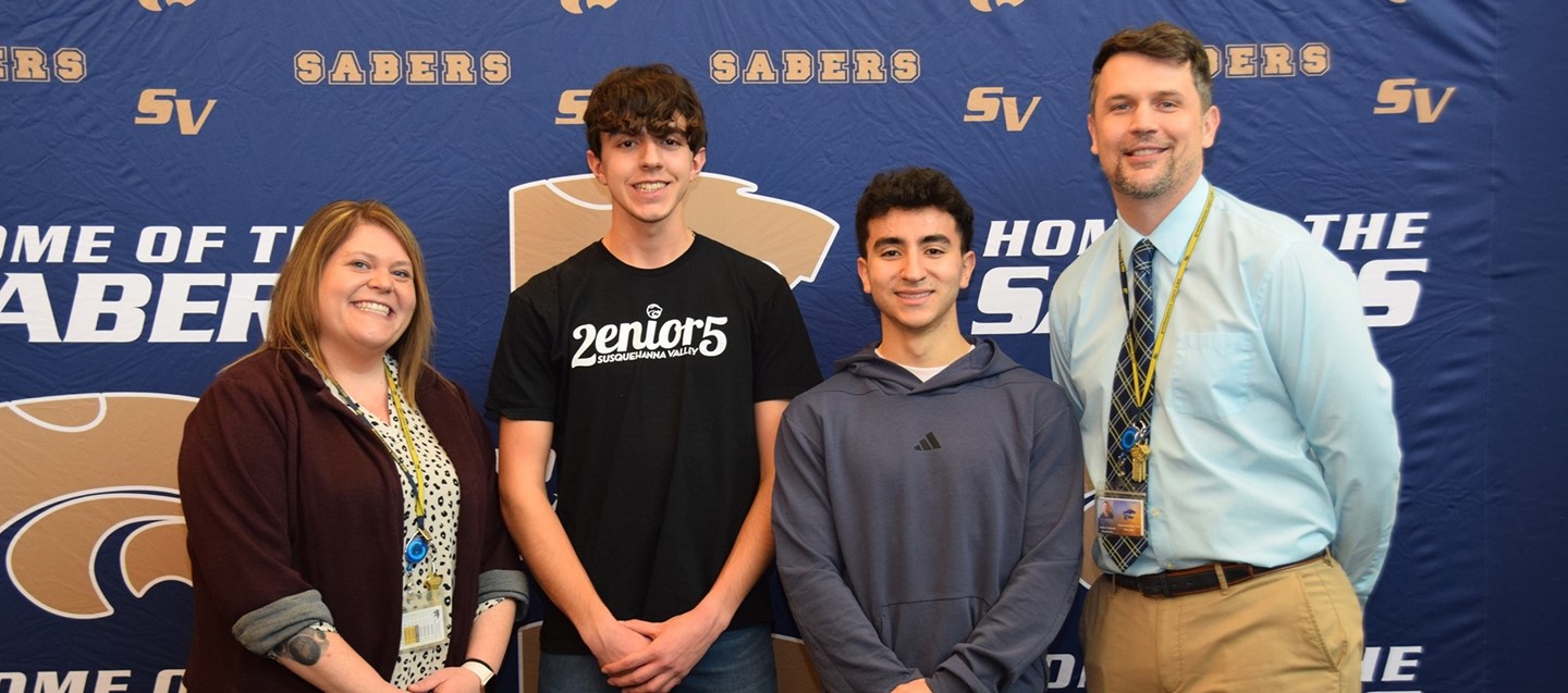 Susquehanna Valley High School principal and assistant principal congratulate Andrew and Nasser, the Class of 2025 Salutatorian and Valedictorian, respectively.