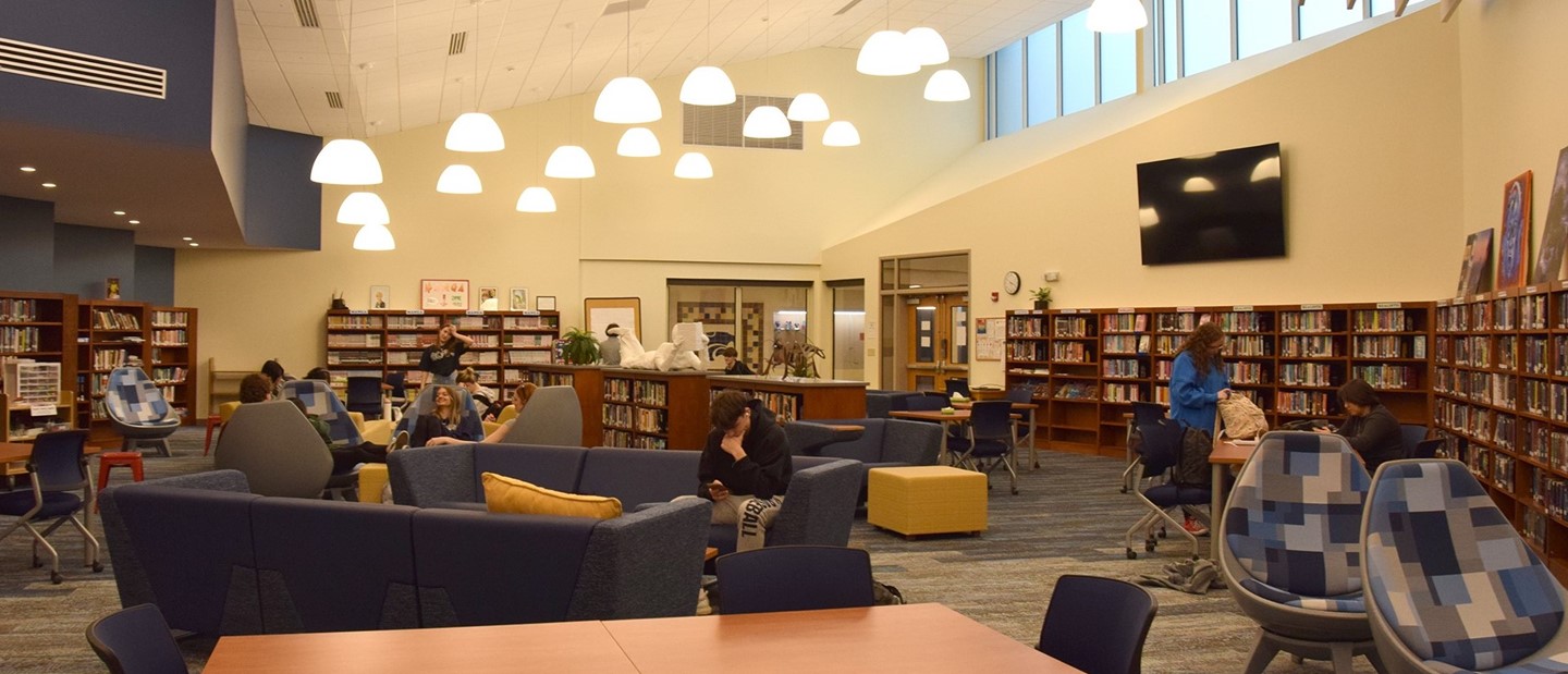 Students study and relax in the new library at Susquehanna Valley High School.
