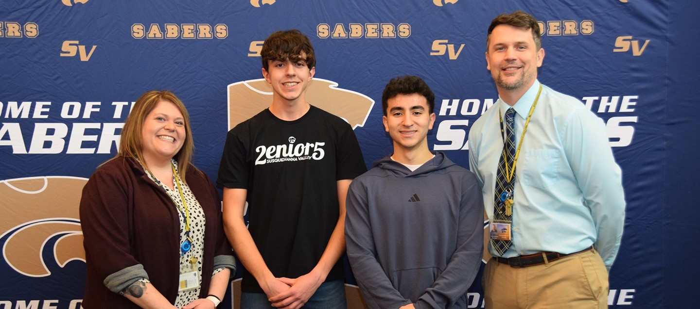 Susquehanna Valley High School principal and assistant principal congratulate Andrew and Nasser, the Class of 2025 Salutatorian and Valedictorian, respectively.